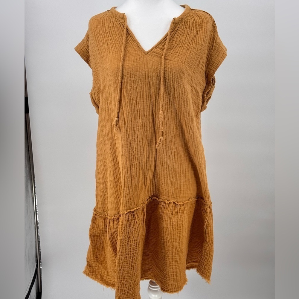 Saturday Sunday Anthropologie Casual Tan Textured Gauzy Cotton Dress Mustard Med